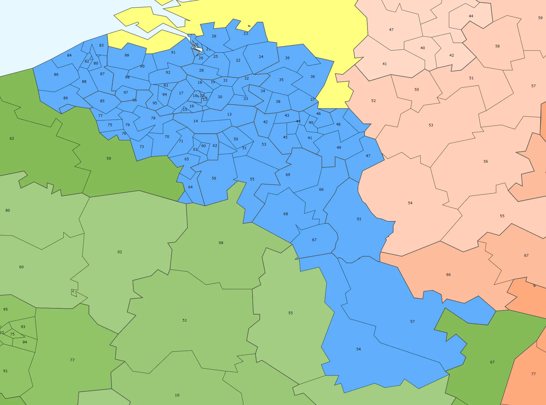 Carte des zones desservies : Belgique, Luxembourg et Moselle
