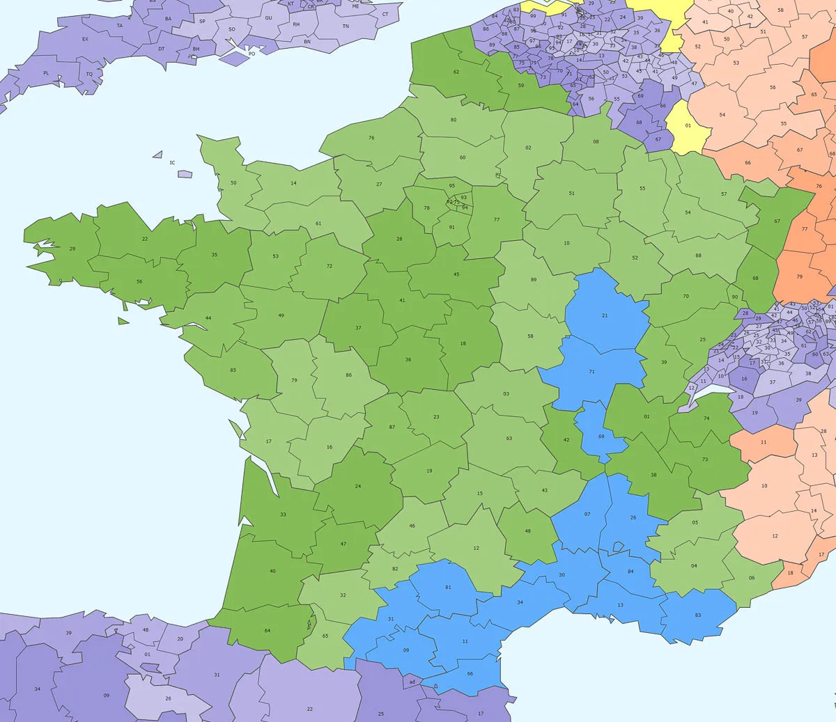 Carte des départements du Sud de la France desservis par les Transports Fabry
